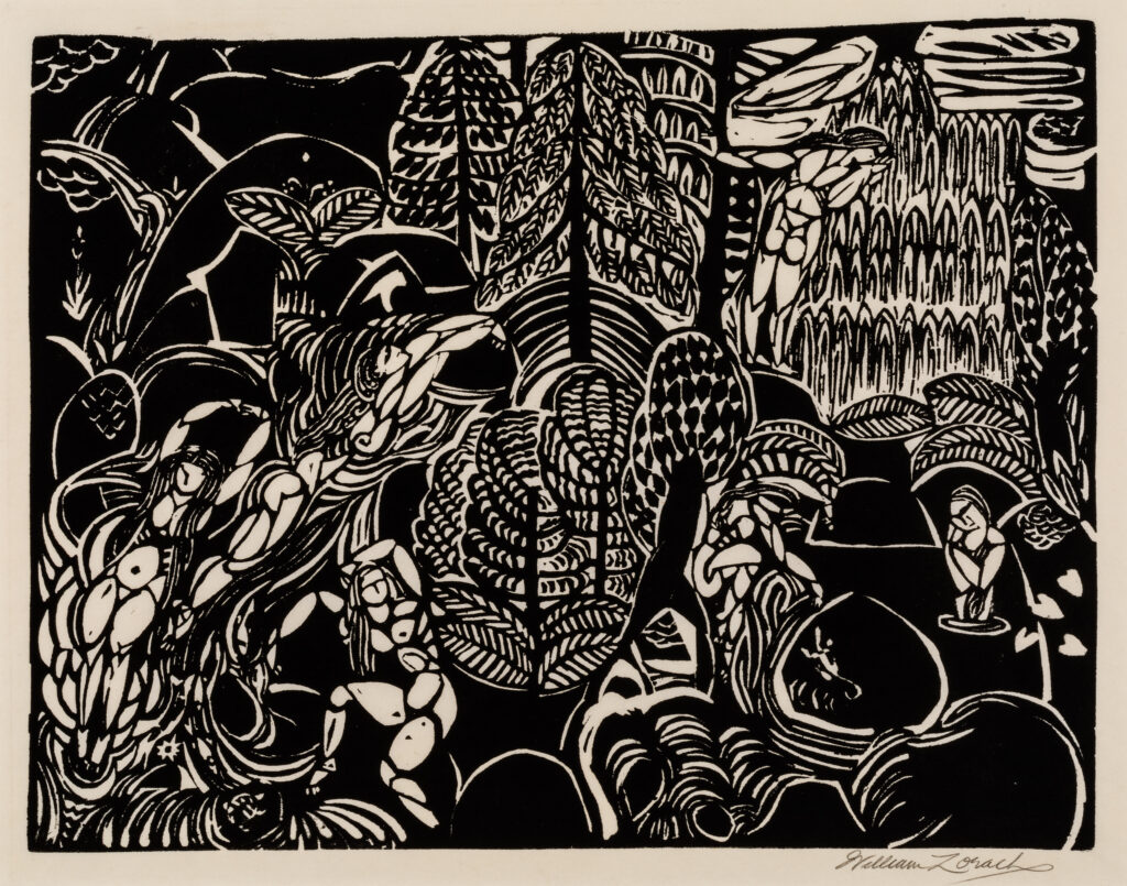 A black-and-white woodcut engraving of a mountain forest and stream, with abstracted figures swimming and lounging by the water.