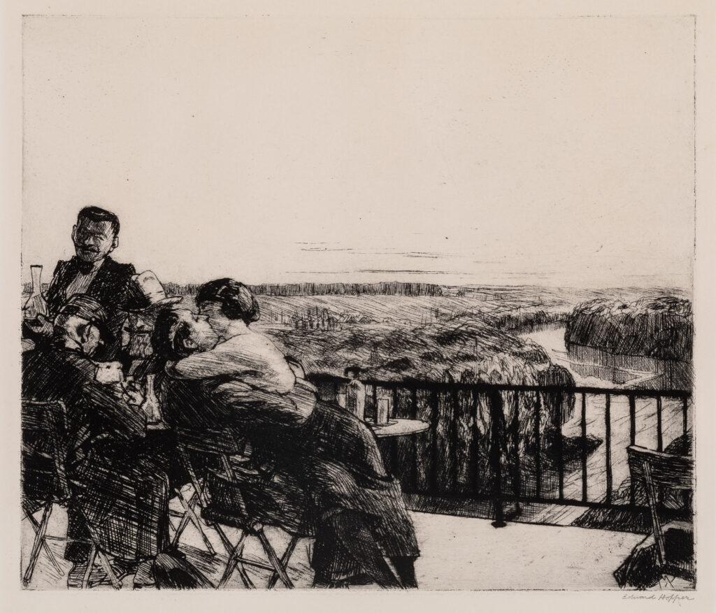 An etching of two people kissing on the terrace of an outdoor cafe.