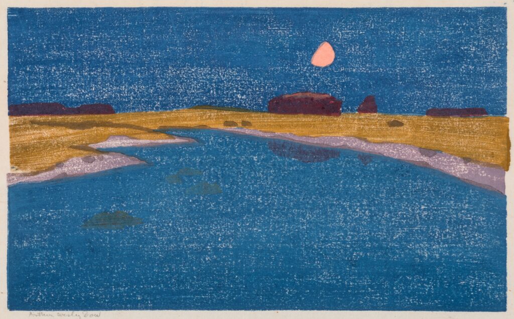 A woodcut engraving of a marsh at night.