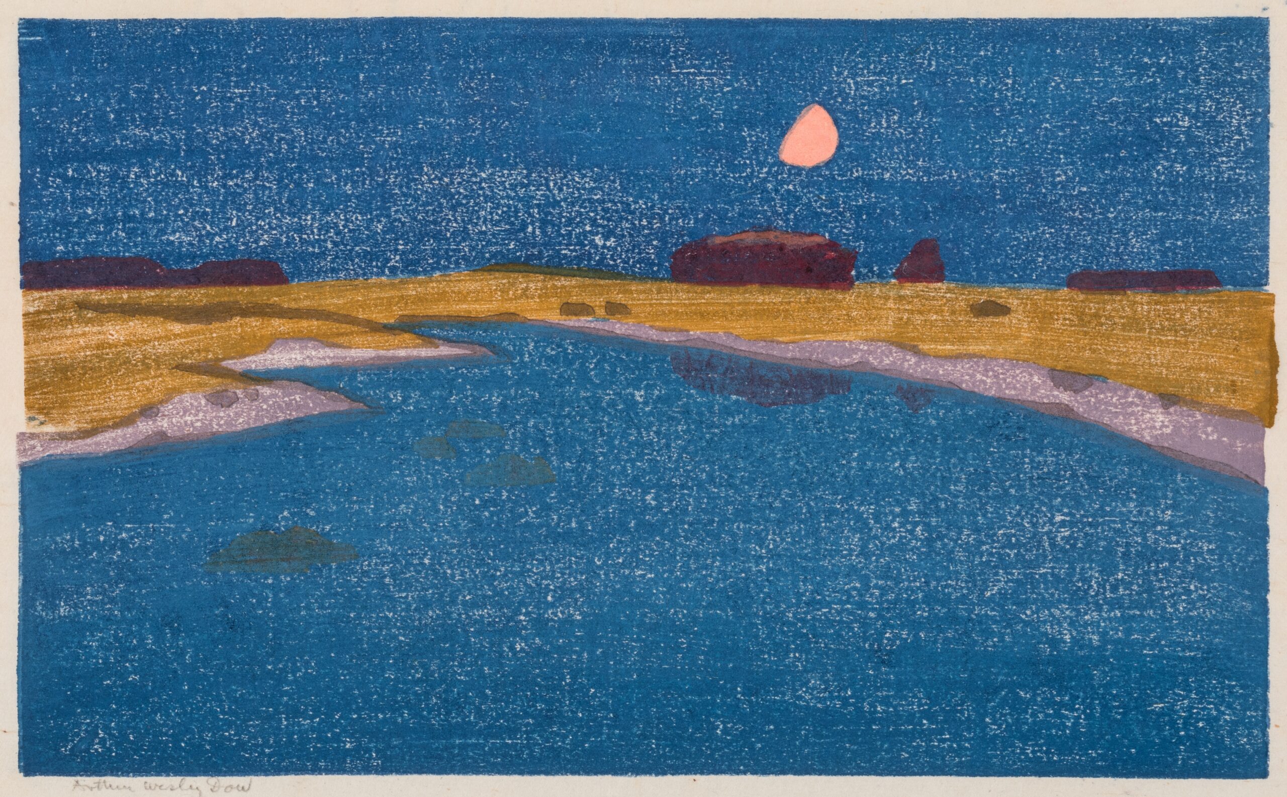 A woodcut engraving of a marsh at night.