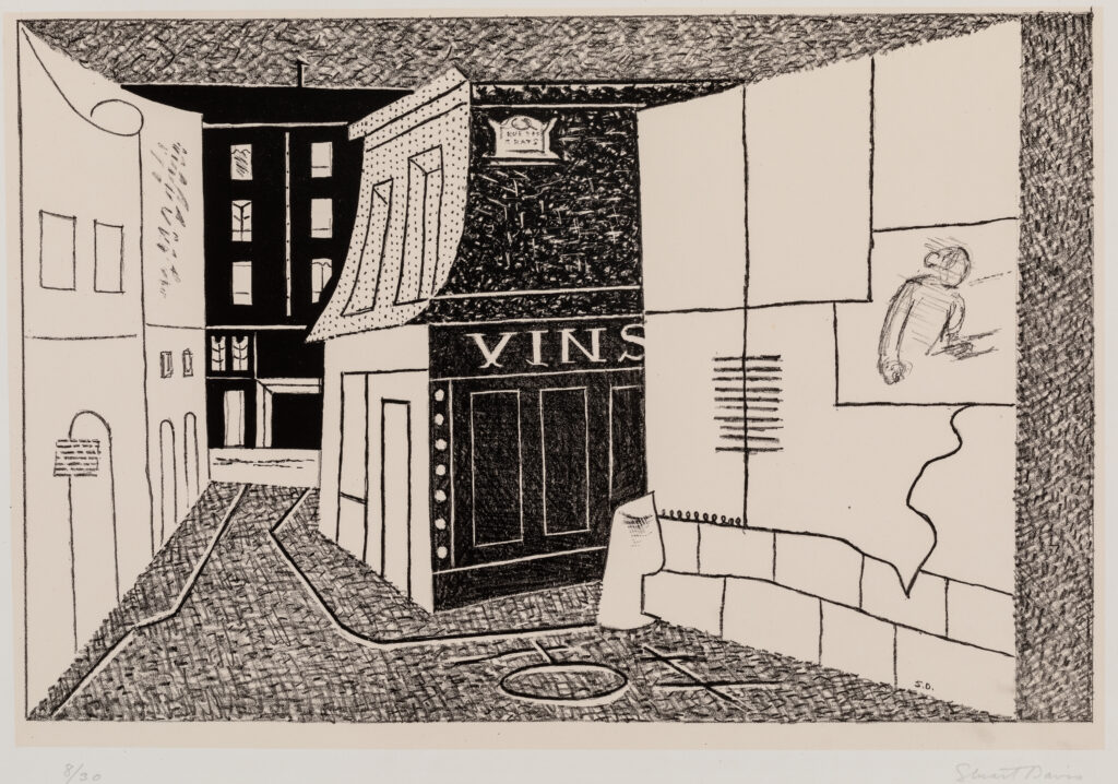 Lithograph of a Paris street corner.