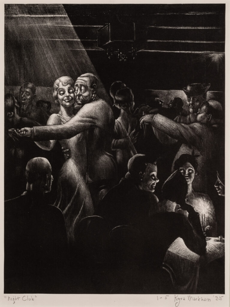 A lithograph print of a nightclub scene. Some people are dancing and other people are sitting at tables.