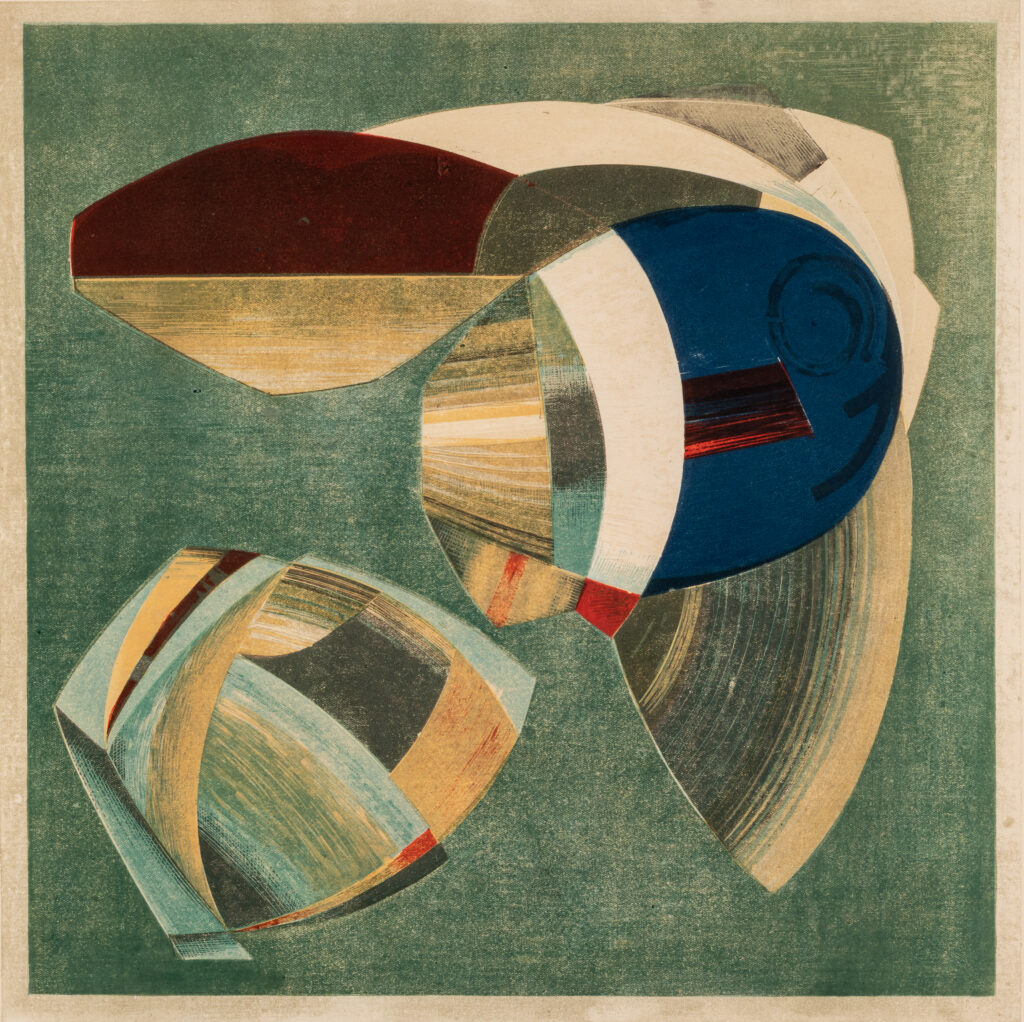 Abstract engraving of organic shapes in yellow, blue, brown against a green background.