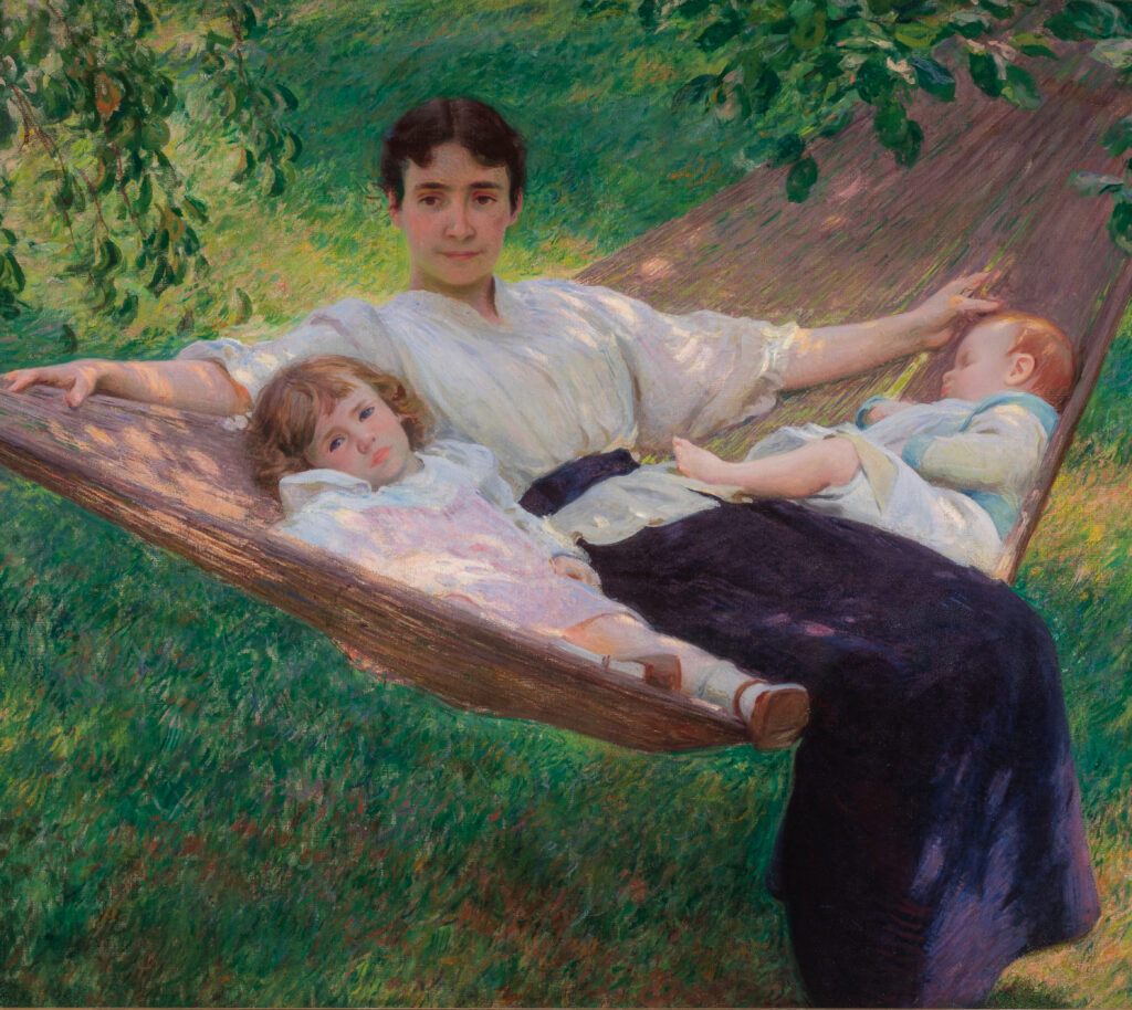 A painting of a woman and two children lying in a hammock.