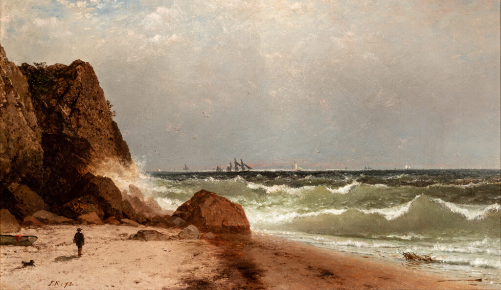 A painting of a man standing on a beach. To his left is a tall rocky hill and far in the distance are several tall ships and sailboats. Waves are crashing to the shore and there are whitecaps on the water beyond.
