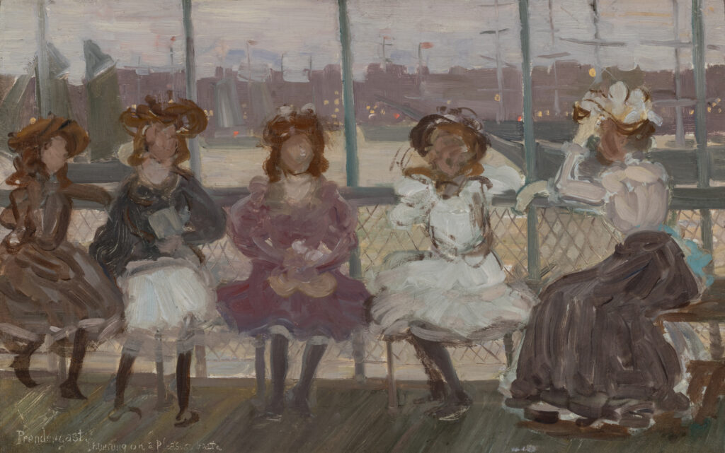 Four girls and a woman on a ferry boat.