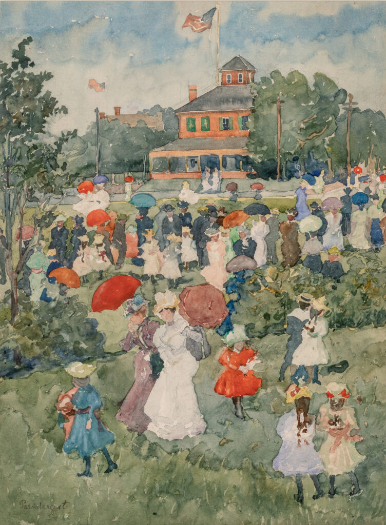 A watercolor of people in a city park on a sunny day.