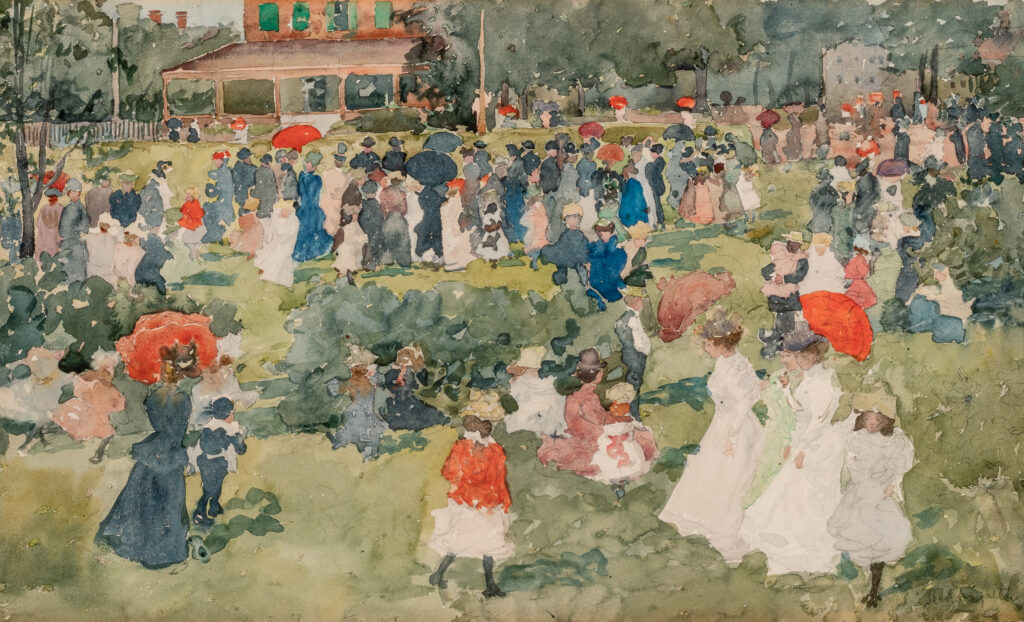 A watercolor of people in a city park on a sunny day.