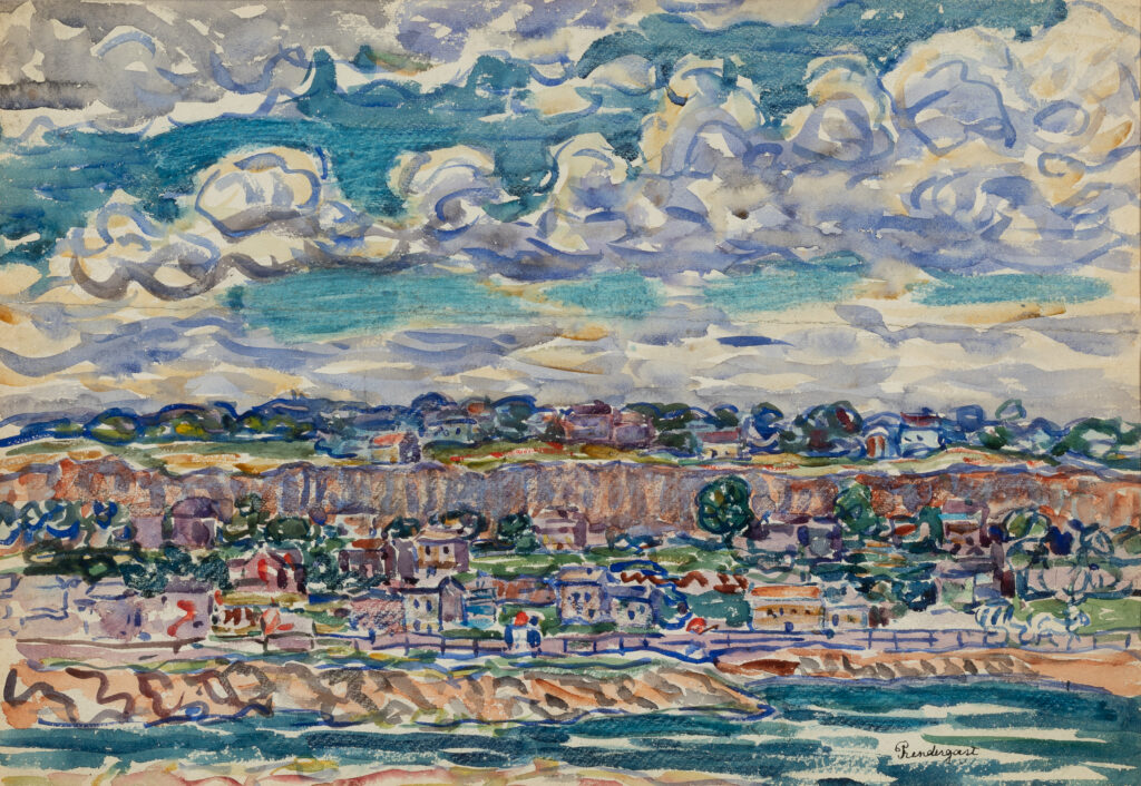 A watercolor of a view of houses by the sea.
