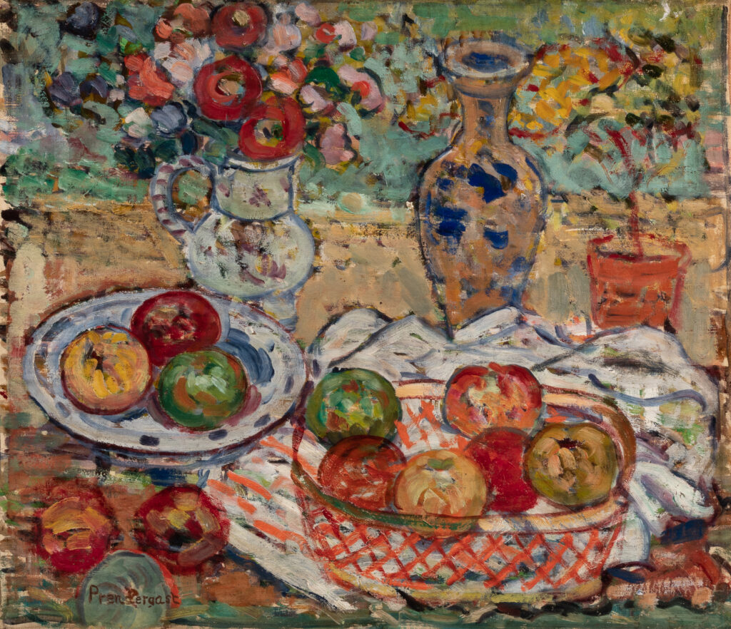 A painting of a table with two bowls of apples and two vases with flowers.