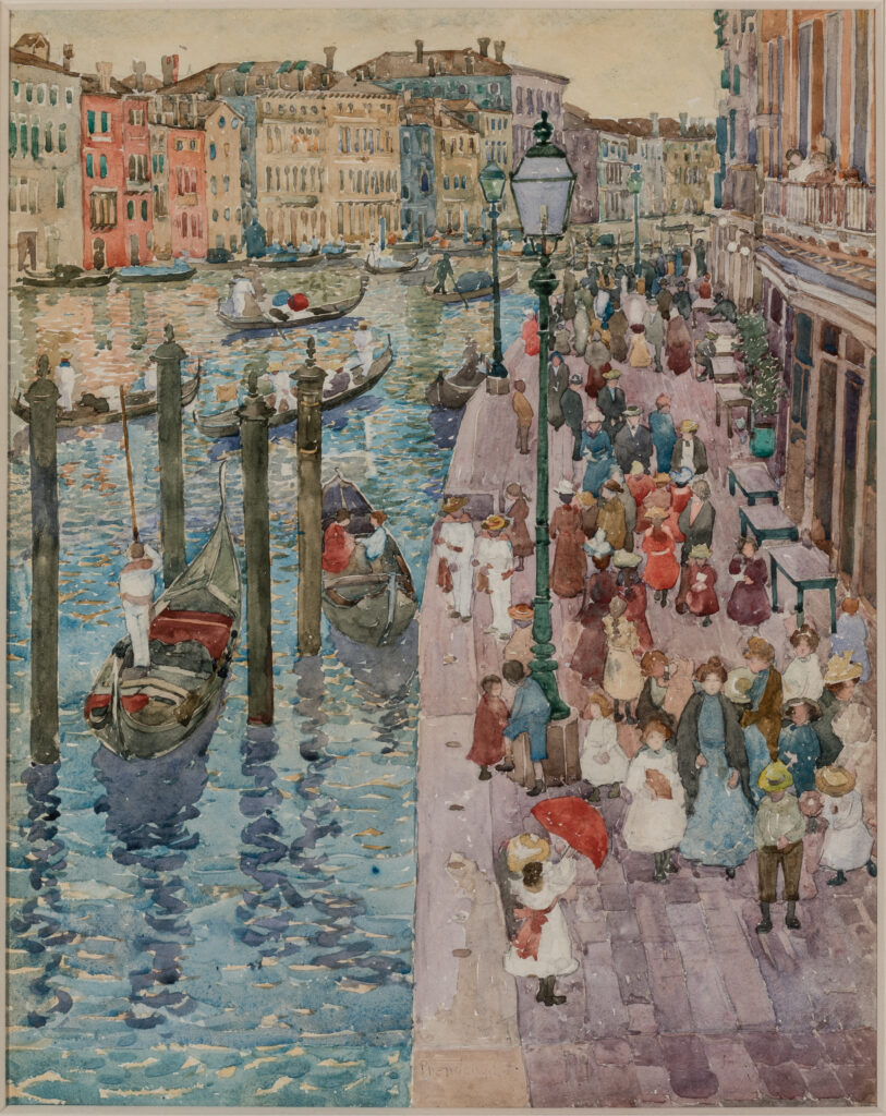 A watercolor of the Grand Canal in Venice. There are several gondolas in the water and the walkway along the canal is full of people.