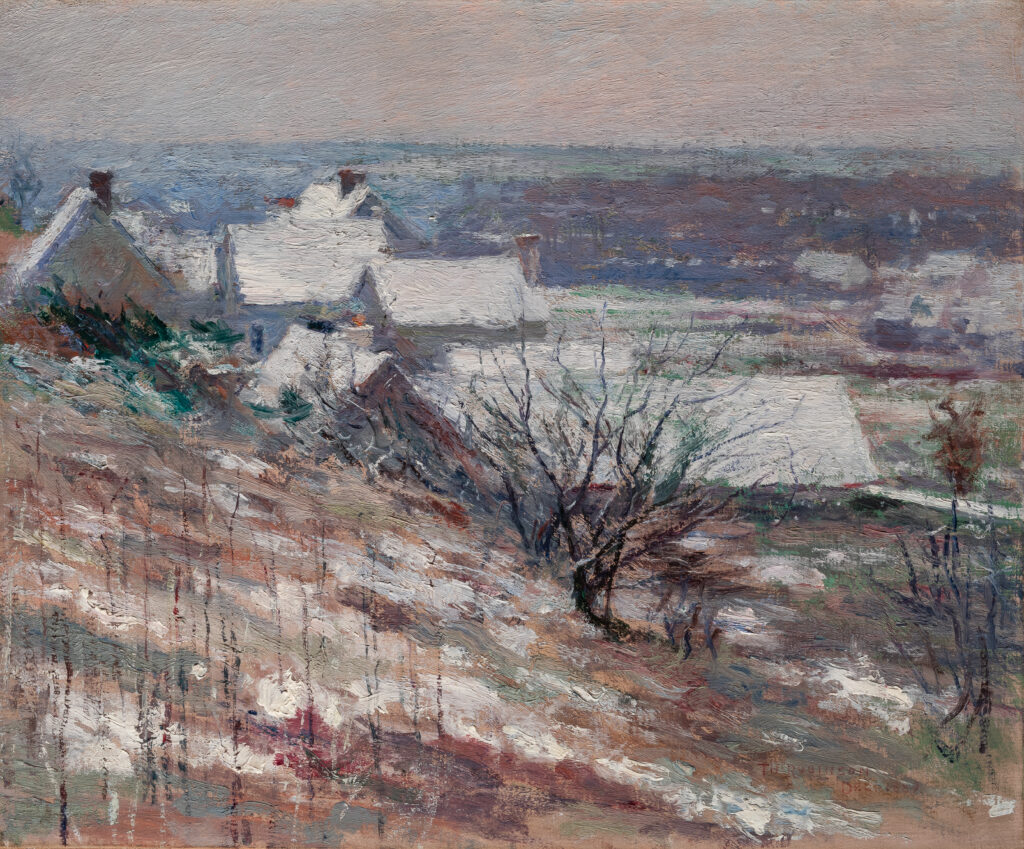 A painting of a winter landscape of a steep hill with bare trees. There are a small group of buildings in the middle ground.