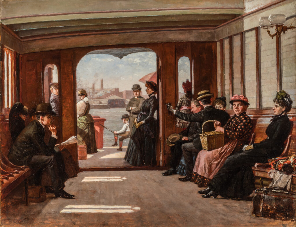 A painting of people on a 19th-century ferry boat.