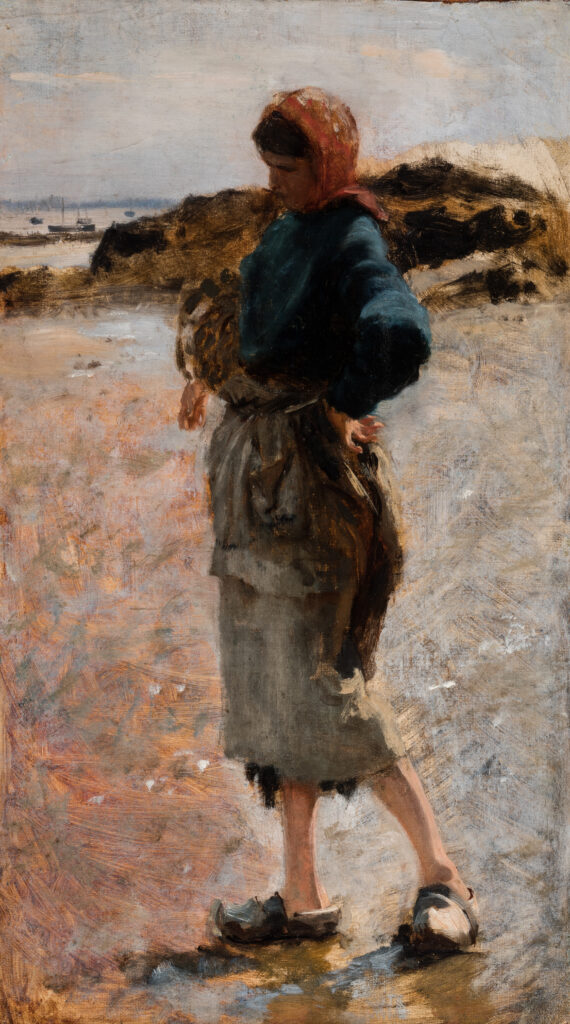 A painting of a woman carrying a basket while walking on the beach.