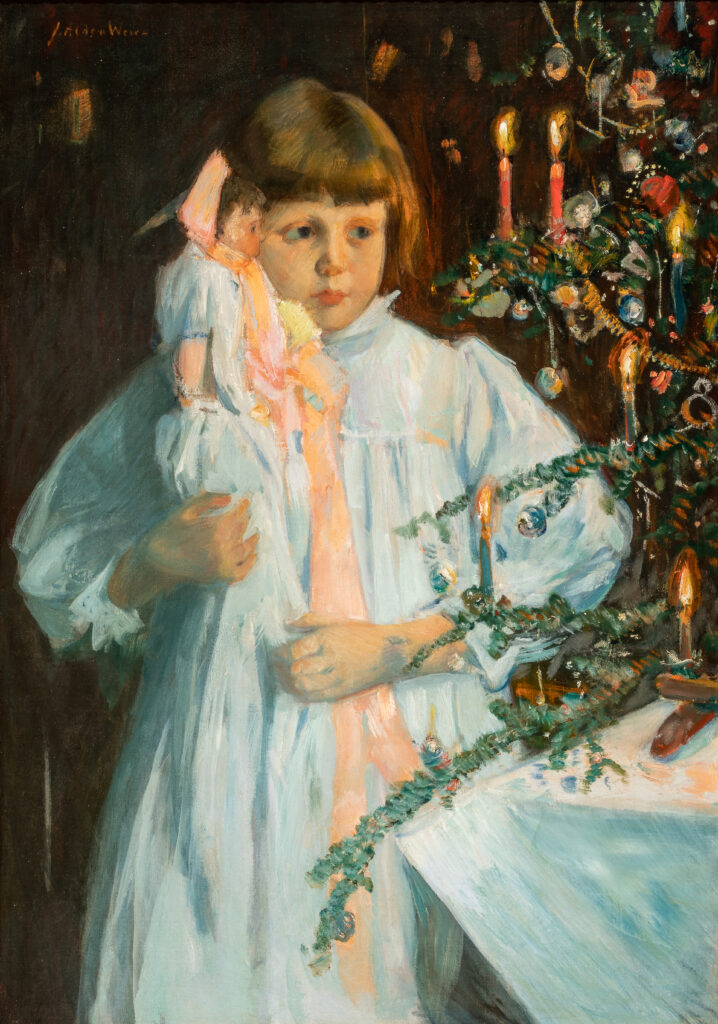 A painting of a child with a doll in front of a Christmas tree.