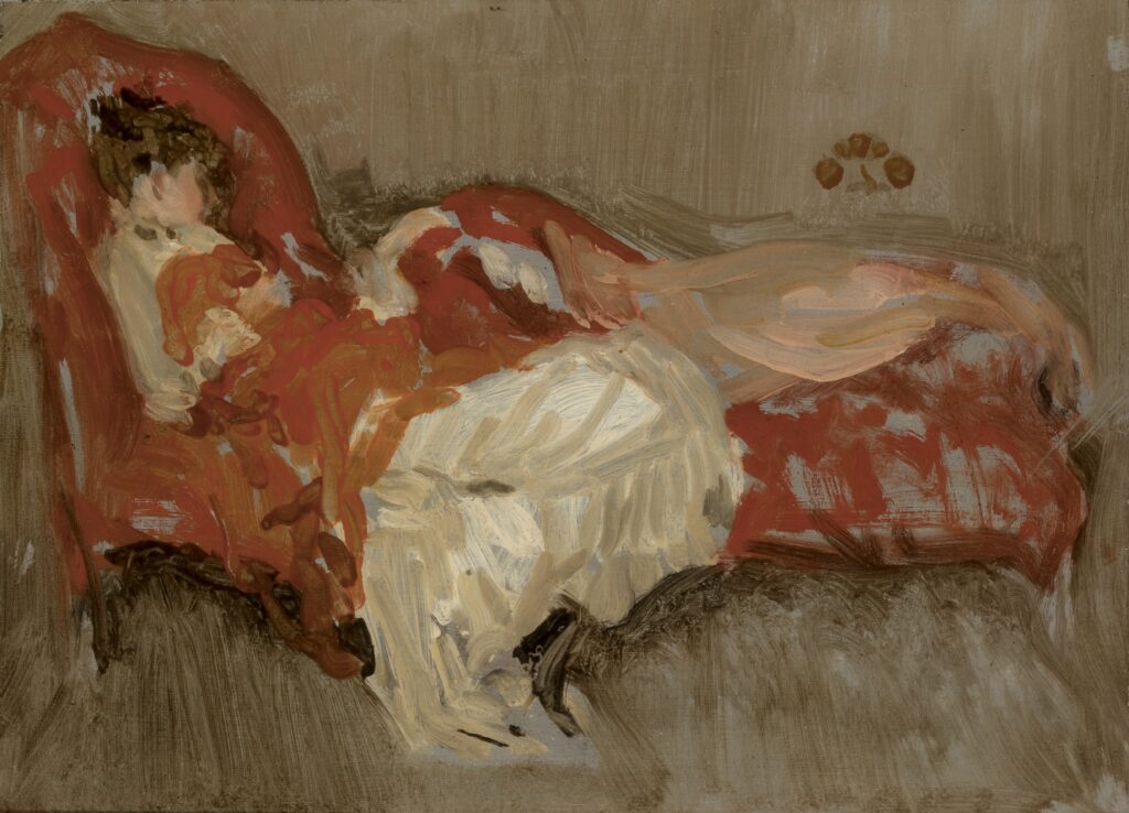 A painting of a woman lying on a red lounge chair.