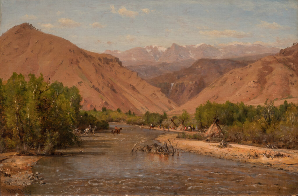 A painting of a mountainous scene with a river. A group of three tepees sit alongside the river.