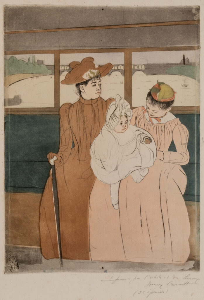 Two women an da child sit in a bus traveling across a bridge over a river.
