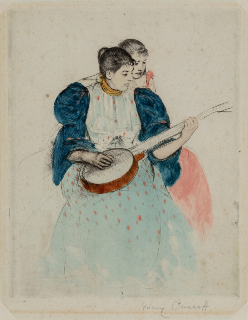 A print of a woman playing a banjo.