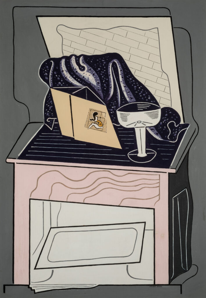 A painting of an abstracted view of a group of household objects on a table.