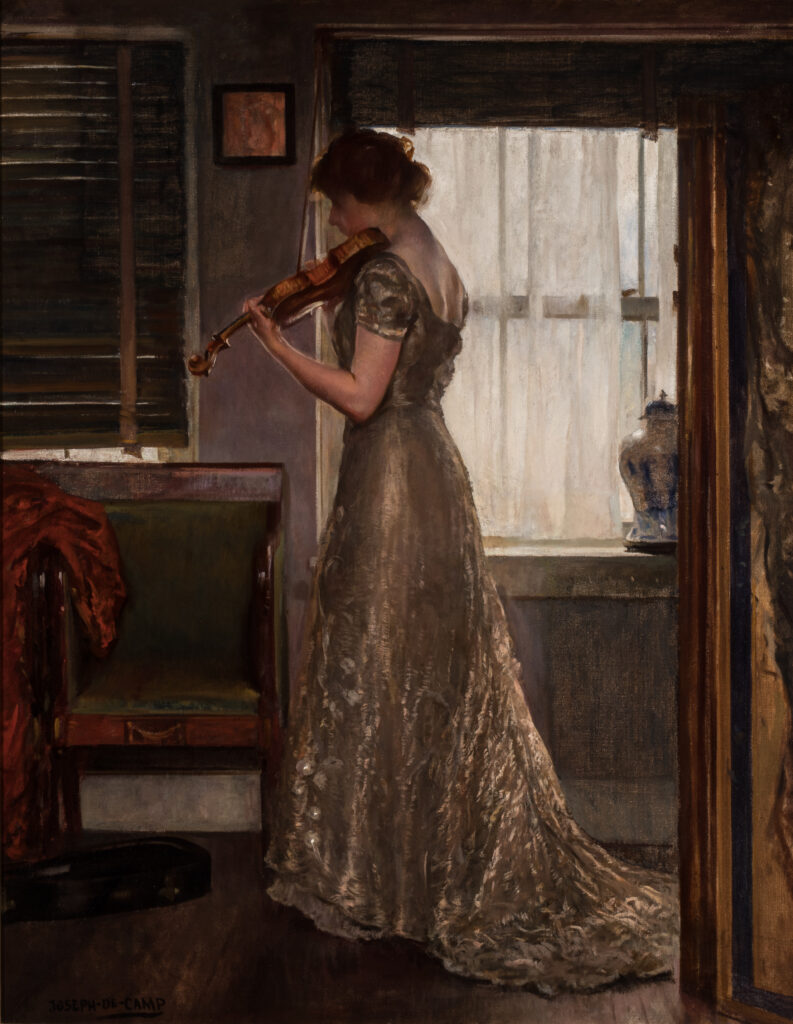 A painting of a woman standing in a small room playing a violin. She wears a sparkly green gown.