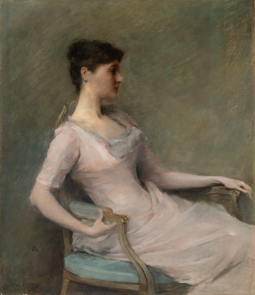 A painting of a woman sitting in a chair in profile.