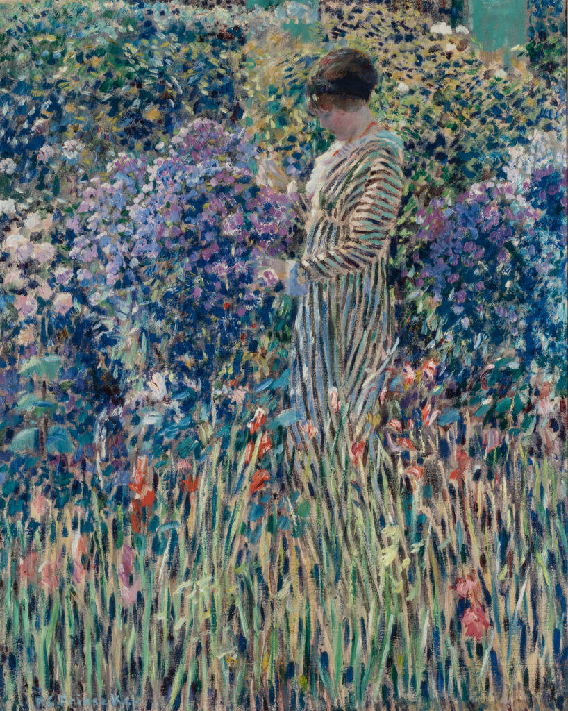 Painting of a woman standing in a garden. Her dress blends in with the flowers around her.