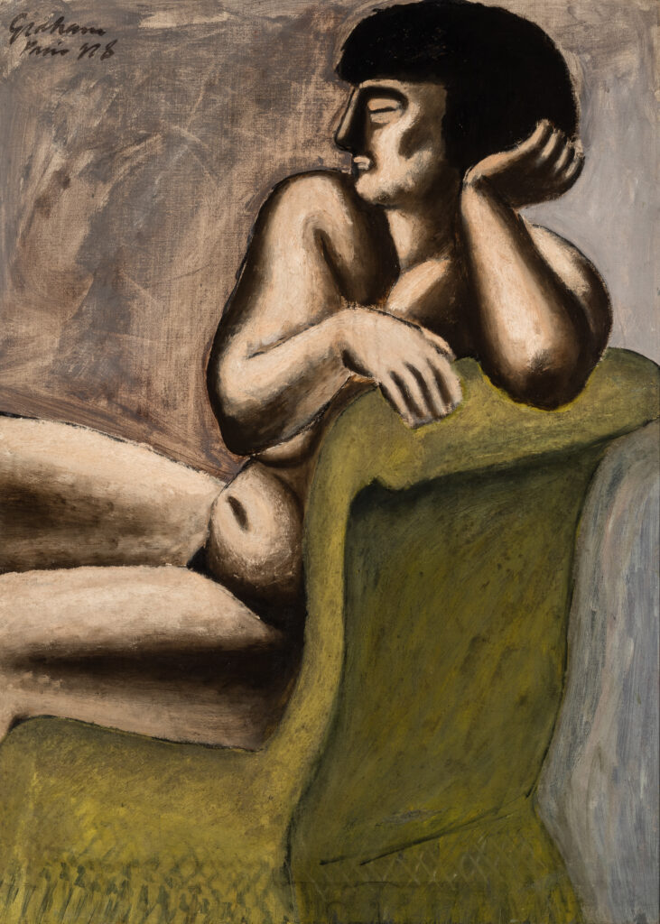 A painting of a nude woman sitting in a green chair. Her left arm rests on the back of the chair, and she rests her head on her left hand.
