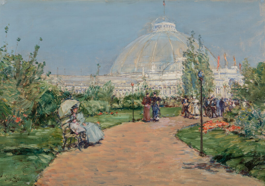 A painting of a park on a sunny day. In the background there is a large neoclassical domed building.