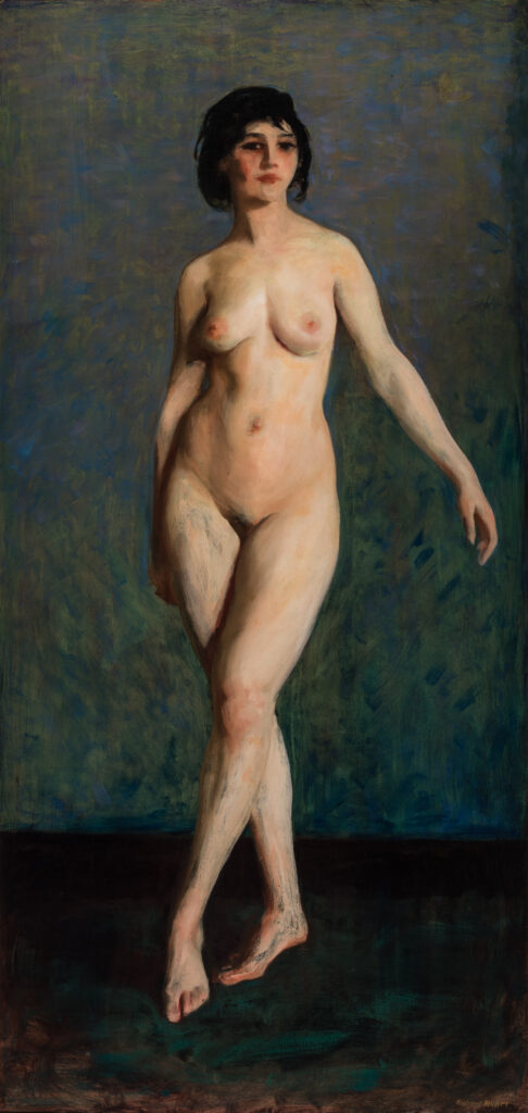 A portrait of a standing nude woman against a blue-black background. Her right arm is swinging and one foot is in front of the other as though she is stepping forward.