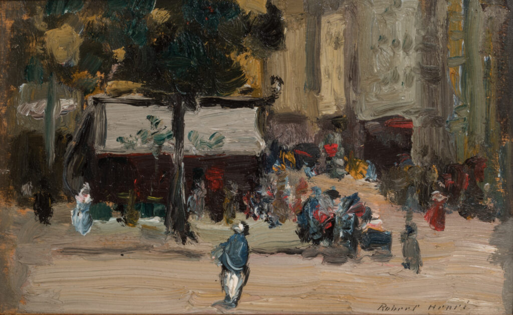 A painting of a street scene in Paris.