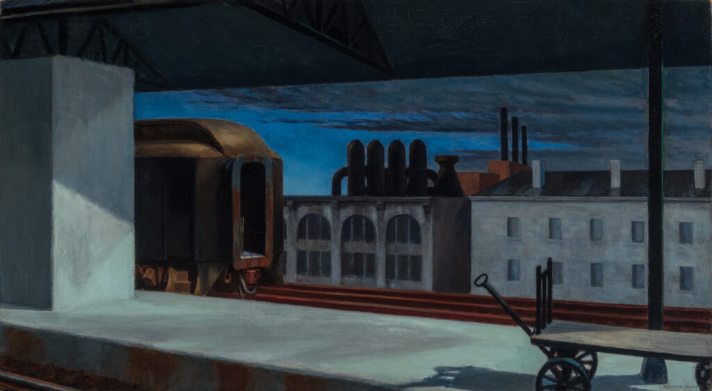 A painting of an empty train station at dawn.