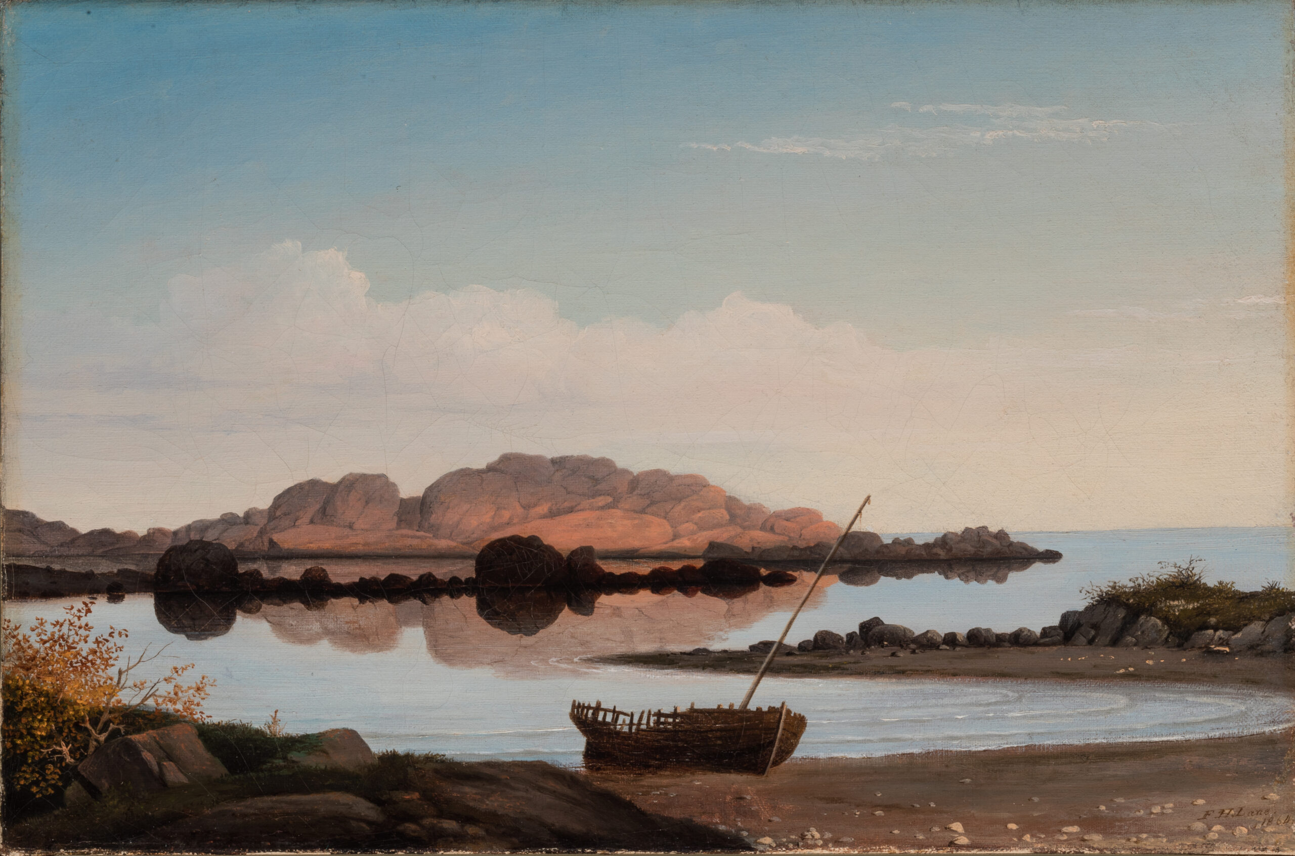 A painting of a decaying wooden boat on the shore of a calm body of water.