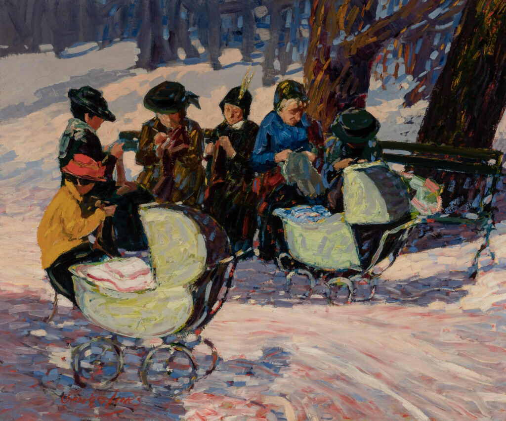 Six women sit on benches in a snowy park knitting. There are two old fashioned strollers in front of the group.