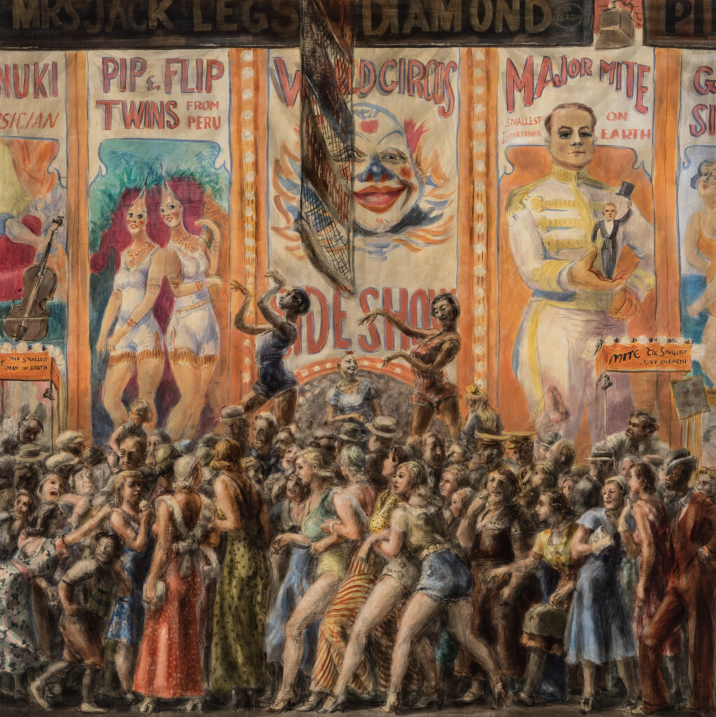 A crowd of people in front of the entrance to a theater show.