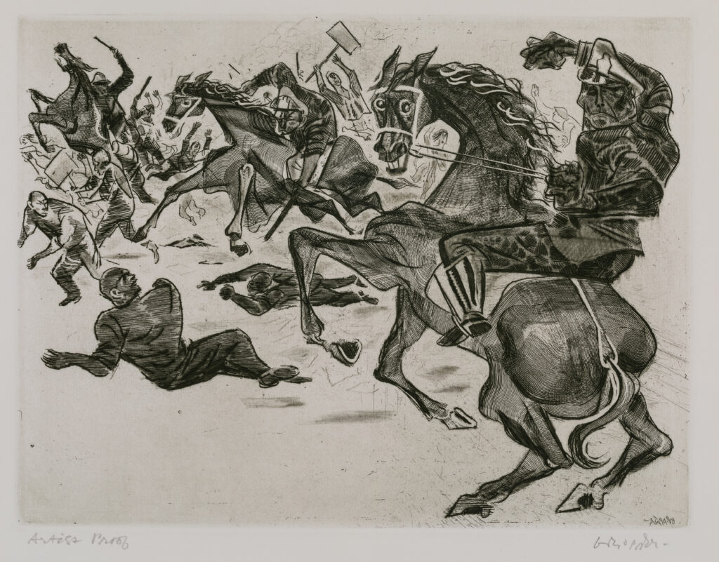 A figure on a rearing horse chases people.