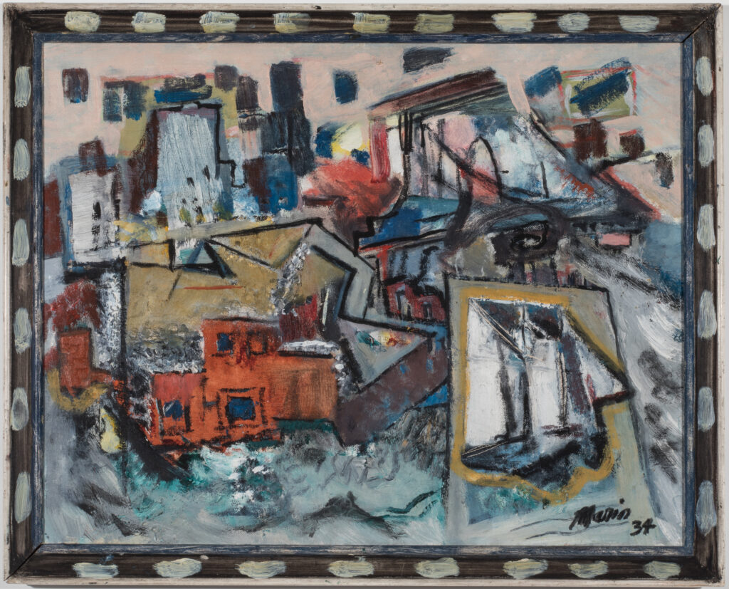 An abstracted view of a New York harbor scene.