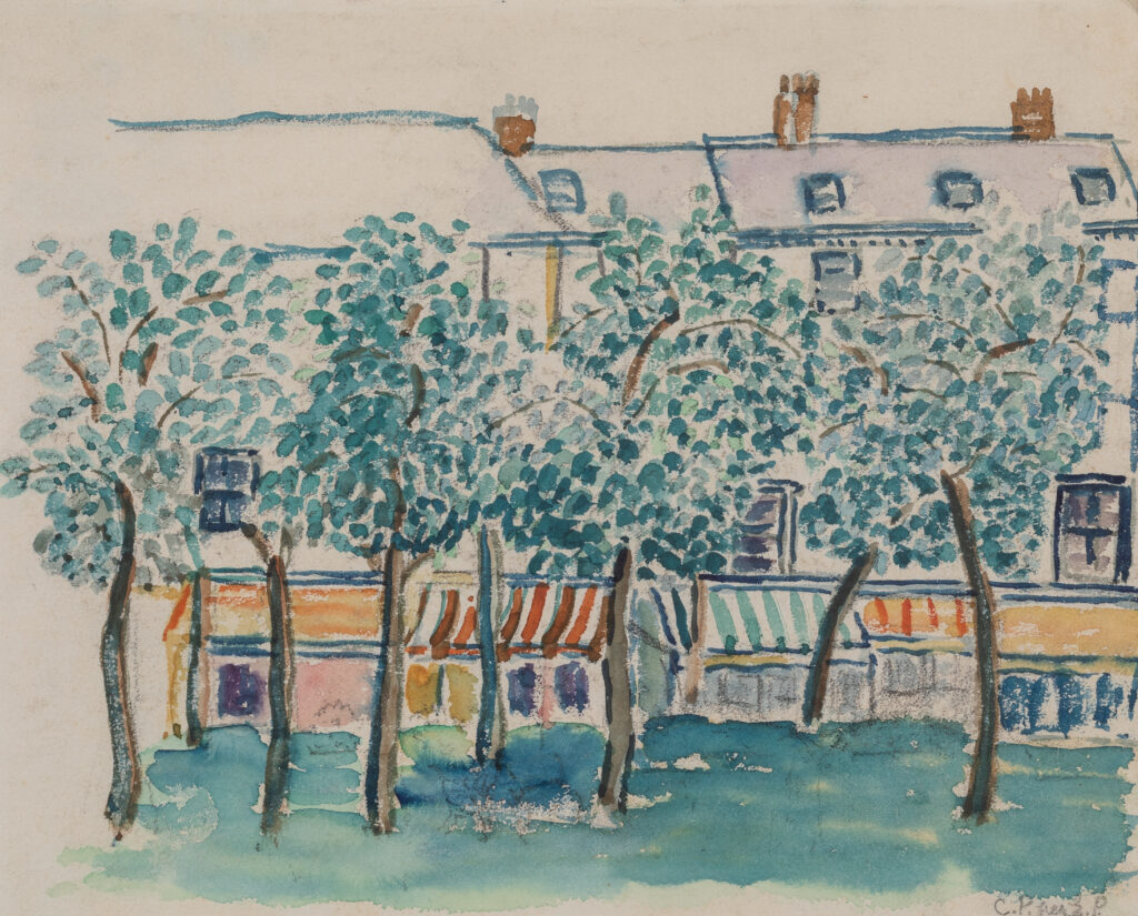 A watercolor of full trees in front of a facade of buildings.