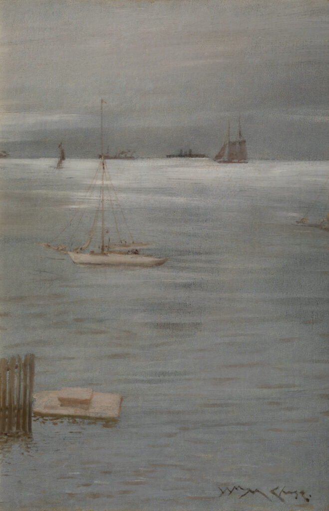 A painting of a calm harbor scene.