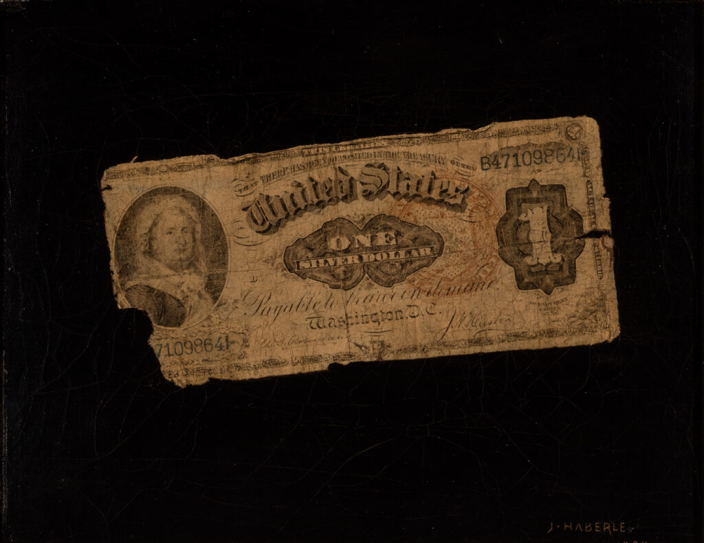 A painting of an antique dollar bill on a black background.
