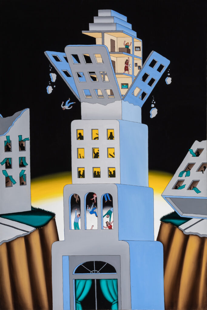 Painting of a gray skyscraper with four tiers. The top tier crumbles, chunks of cement and a man falling into the cavern the building sits in. The background is black with bright yellow at the horizon line.