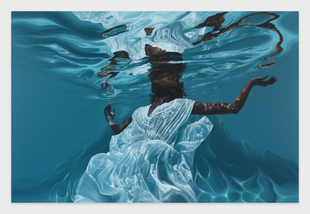 Painting of a woman in a white dress under the water's surface.