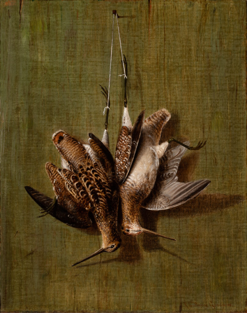 A painting of two dead birds hung on a string against a green background.