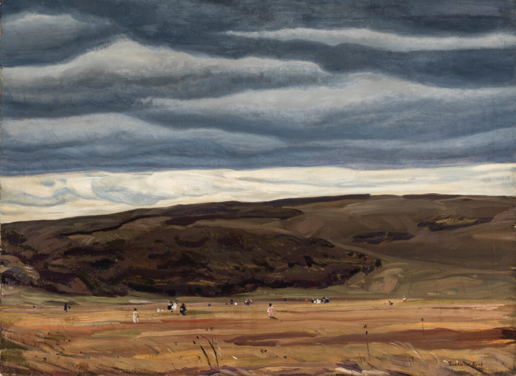 A painting of a landscape under low gray clouds.