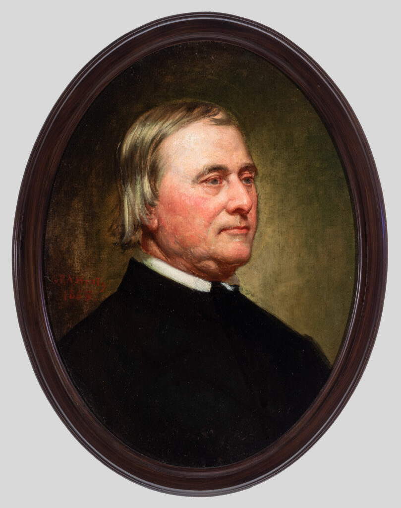 A painting of a portrait of a man in profile.