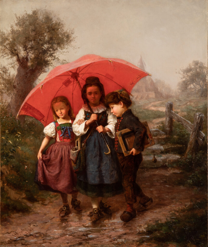 A painting of three children under a red umbrella.