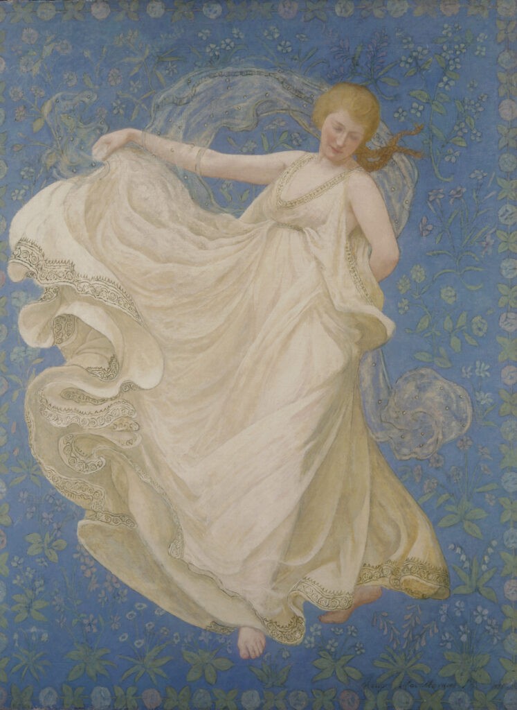A woman dressed in white against a blue flowered background.