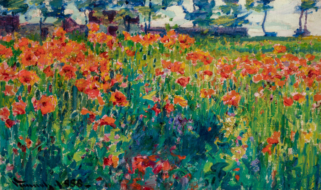 A painting of a field of red flowers.