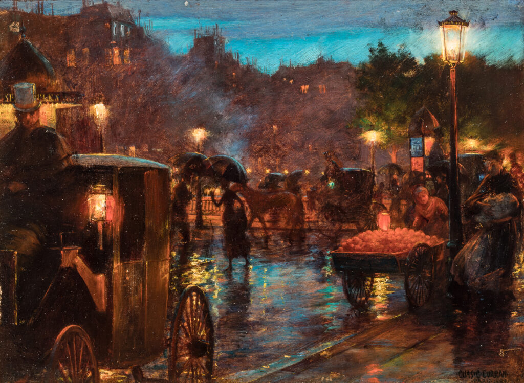 A painting of a street scene in Paris at night.