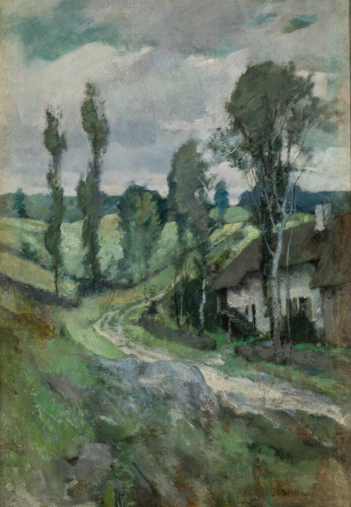 A painting of a country road that winds through tall trees and near small cottages.
